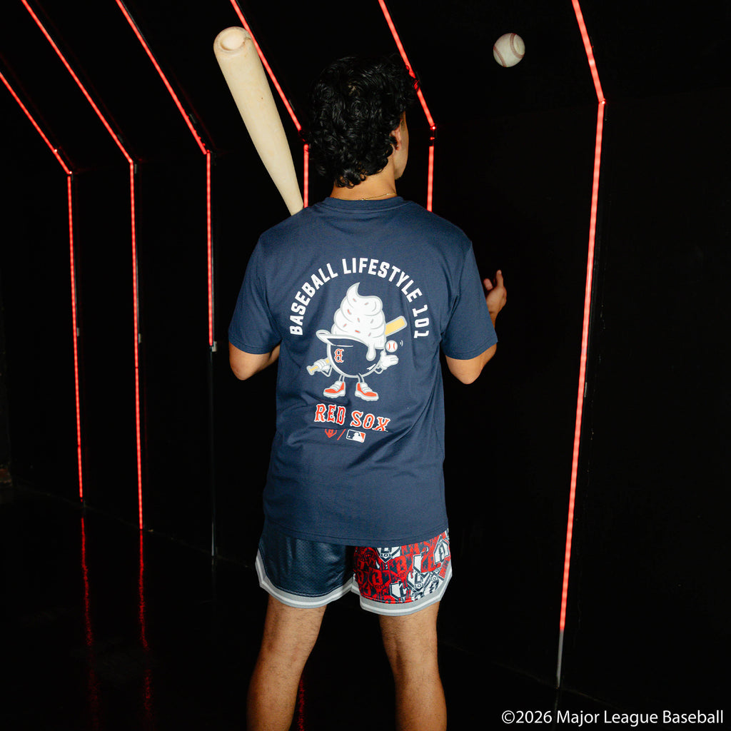 Adult model wearing navy graphic tee with "Boston Red Sox Ice Cream Cap" design