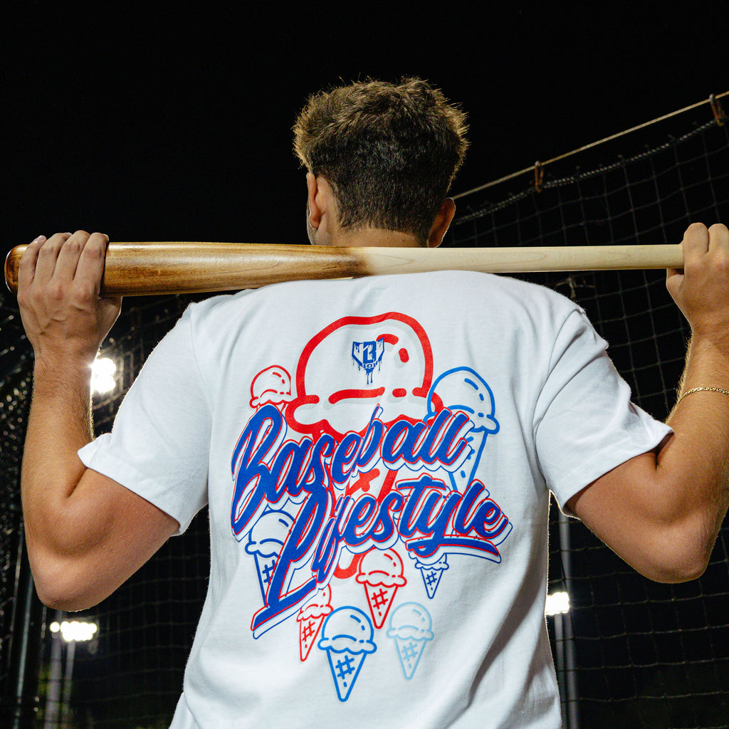 4th of July white Baseball Lifestyle tee with red and blue ice cream 