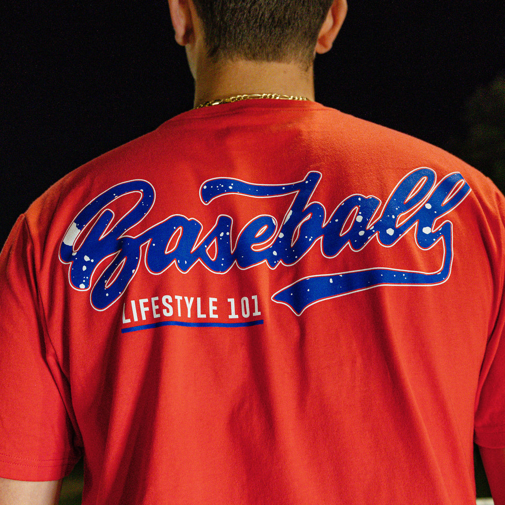 Baseball Lifestyle 101 red, white, and blue splatter tee