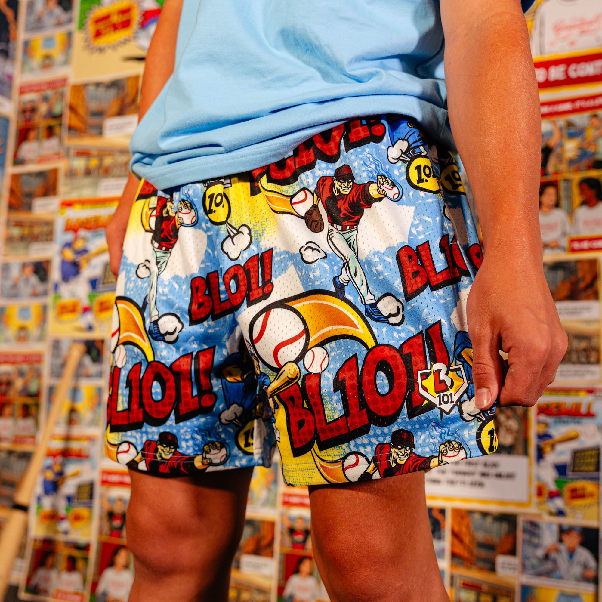 Adult model wearing Swing For The Fences shorts