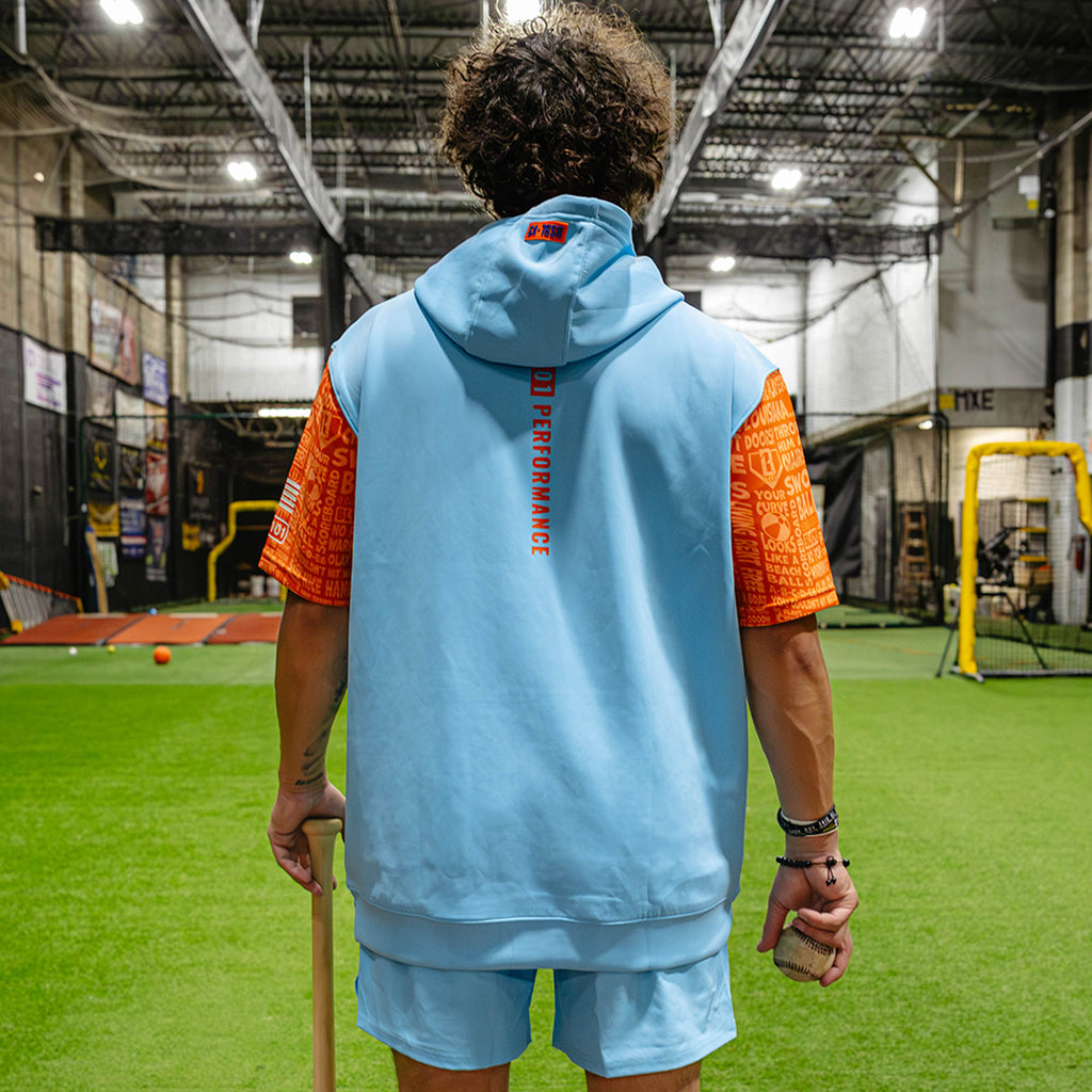 Adult model wearing blue short sleeve hoodie with "BSBL-SZN V3" design