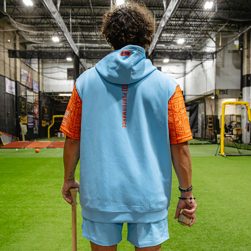Adult model wearing blue short sleeve hoodie with "BSBL-SZN V3" design