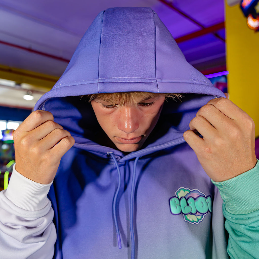 Adult model wearing Cotton Candy Galaxy Grape hoodie