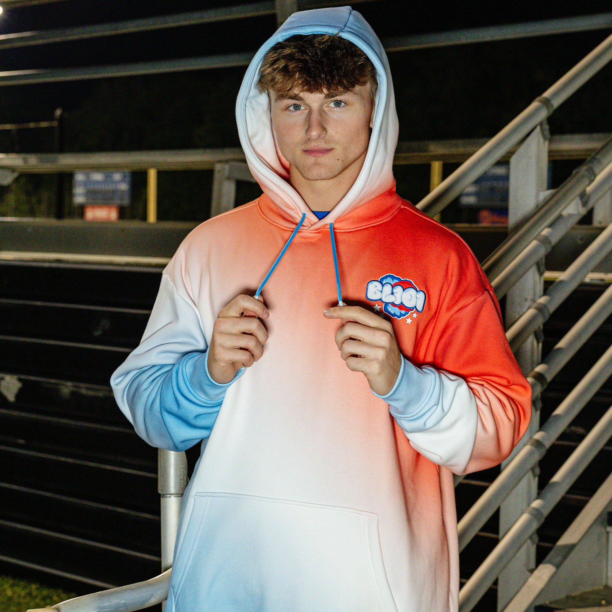 Adult model wearing red, white & blue Cotton Candy USA hoodie
