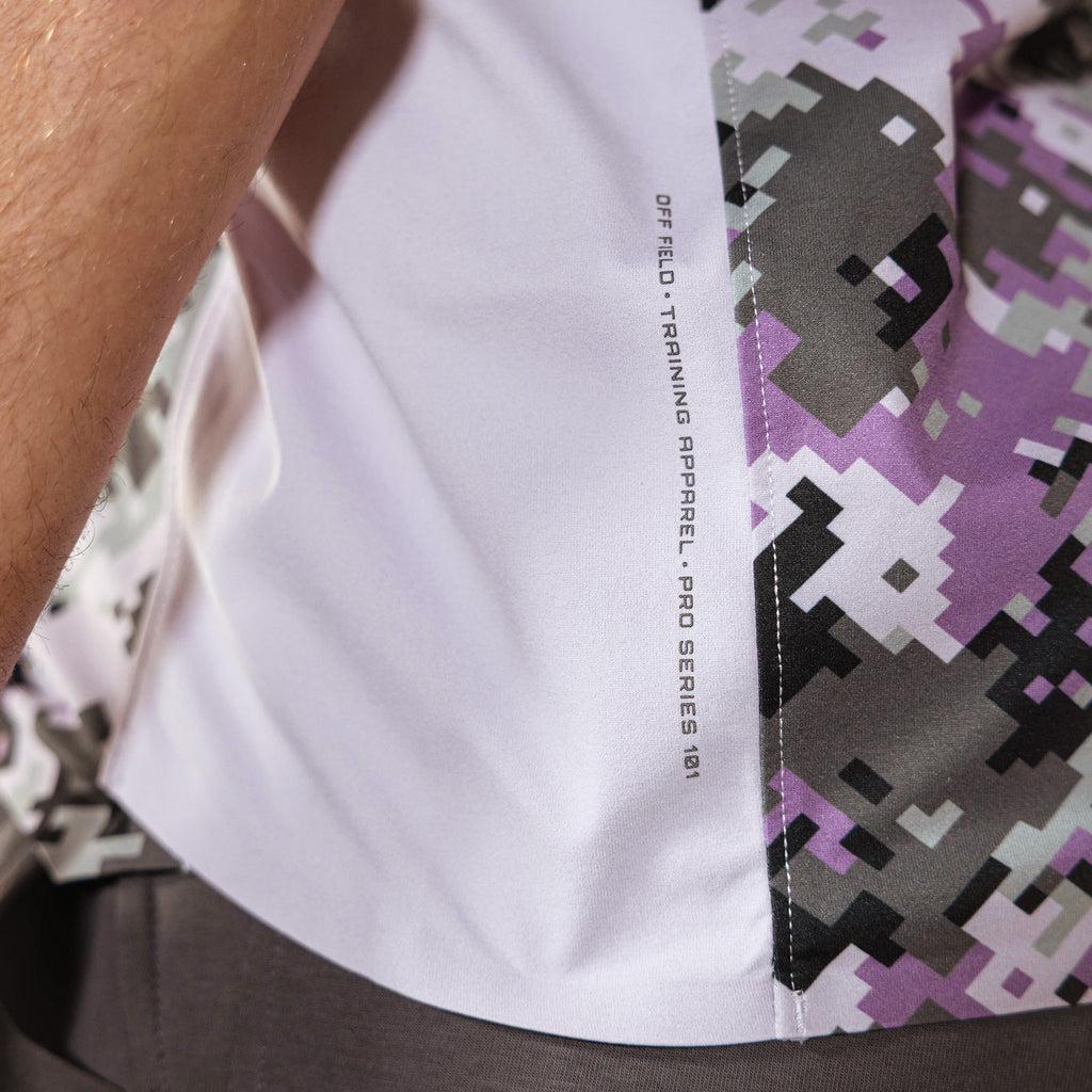 Adult model wearing multi-color Digi Camo Diamond Tech vented tee
