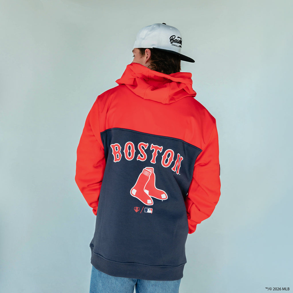 Adult model wearing red Boston Red Sox Color Block quarter zip