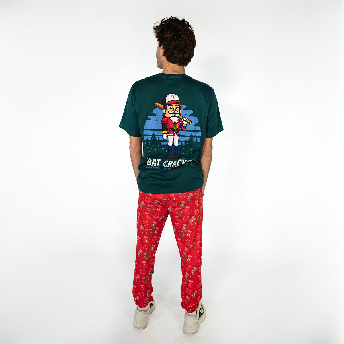 Adult model wearing red Stitched For The SZN pajama pants
