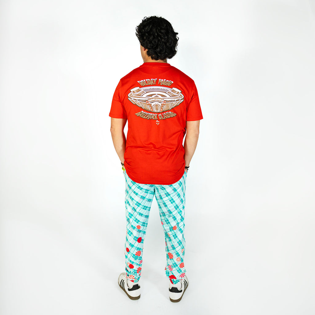 Adult model wearing multi-color pajama pants with "Peppermint Plaid" design