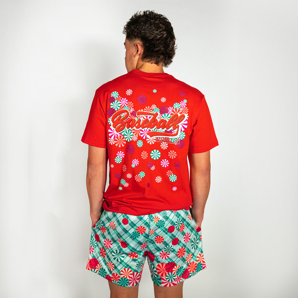 Adult model wearing teal shorts with "Peppermint Plaid" design