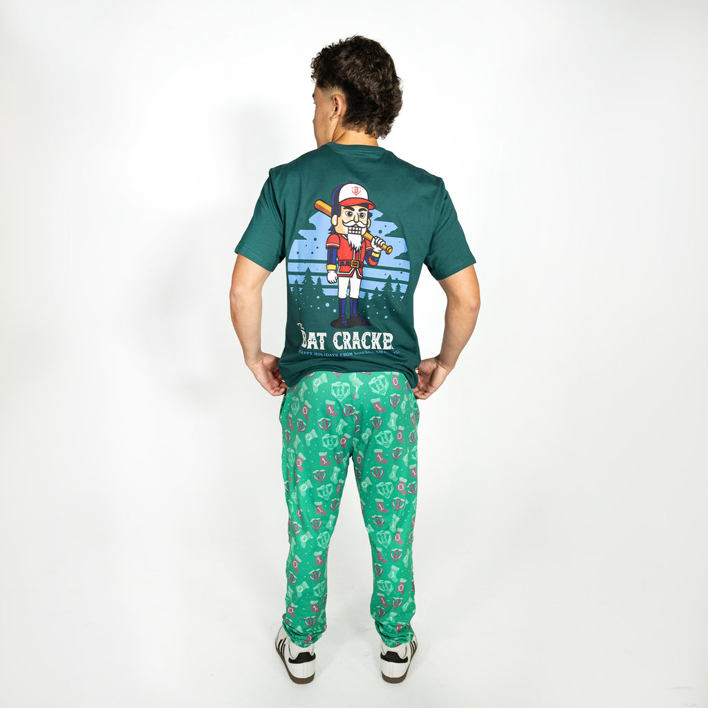 Adult model wearing green Stitched For The SZN pajama pants