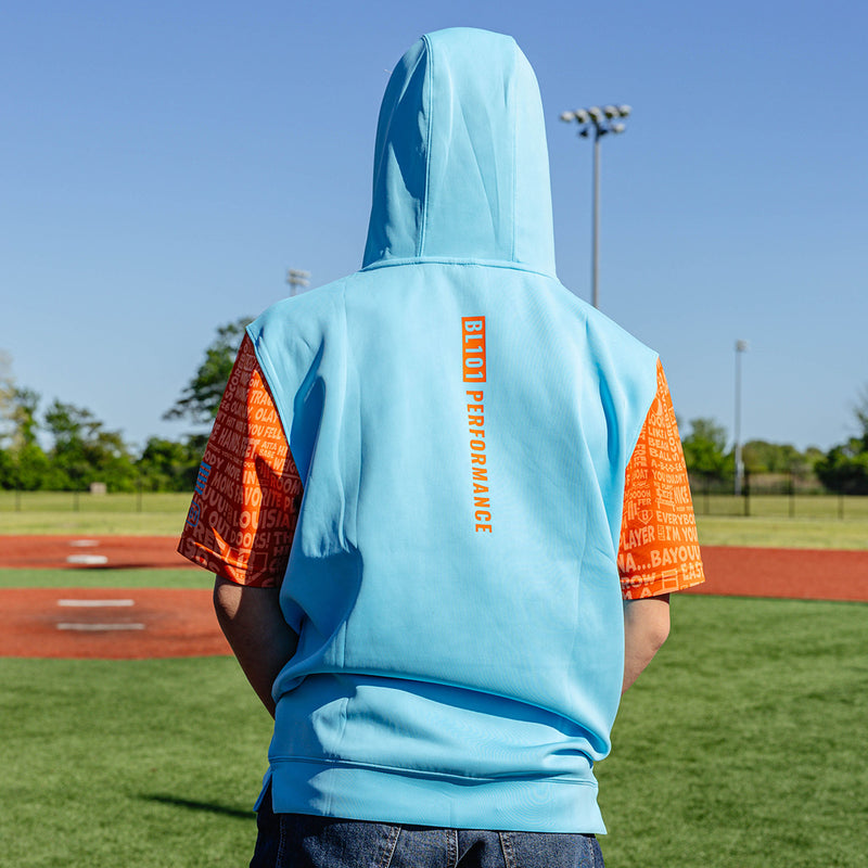 Adult model wearing blue short sleeve hoodie with "BSBL-SZN V3" design
