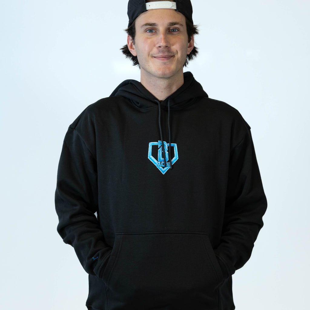 Adult model wearing black hoodie with "10 Year Anniversary" design