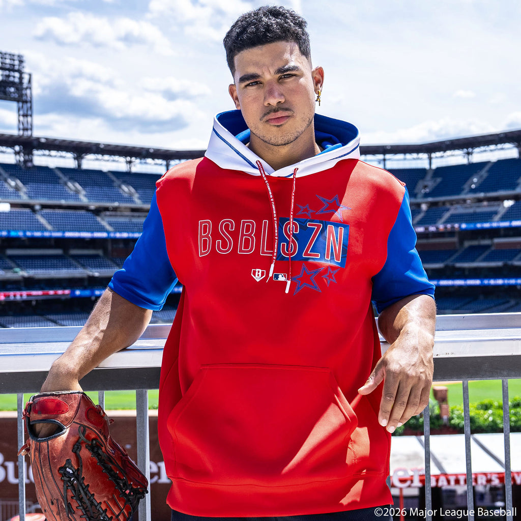 Adult model wearing Red, White & Blue short sleeve hoodie with "BL101 All-Star BSBL-SZN V3" design