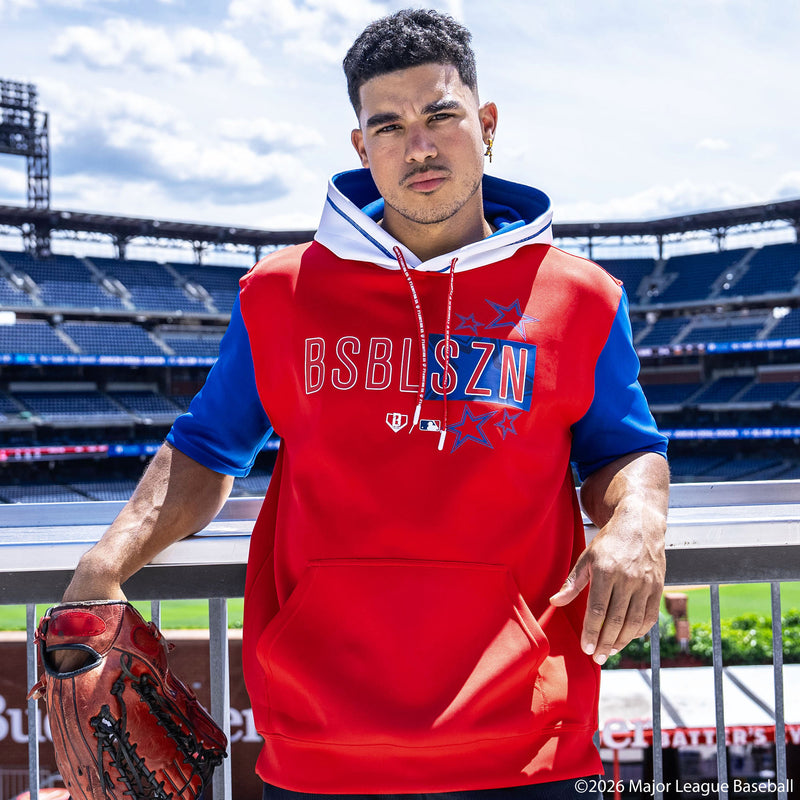 Adult model wearing Red, White & Blue short sleeve hoodie with "BL101 All-Star BSBL-SZN V3" design