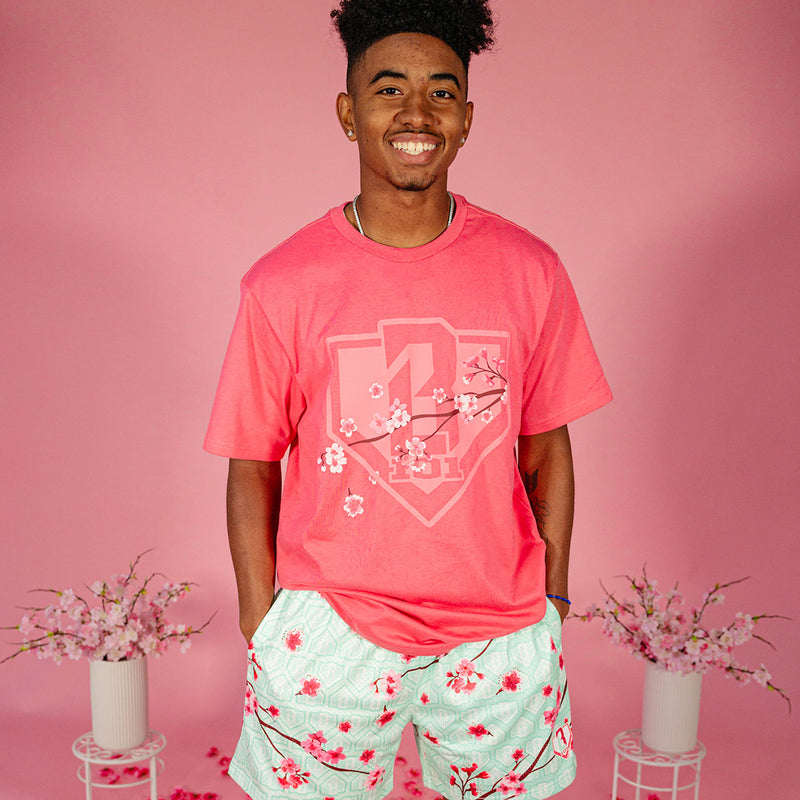Male model wearing a pink BL101 cherry blossom shield tee and mint green BL101 cherry blossom mesh shorts against a pink background, front view