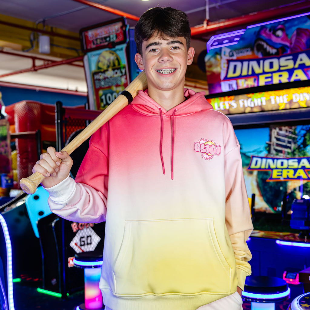 Adult model wearing Cotton Candy Pink Lemonade hoodie