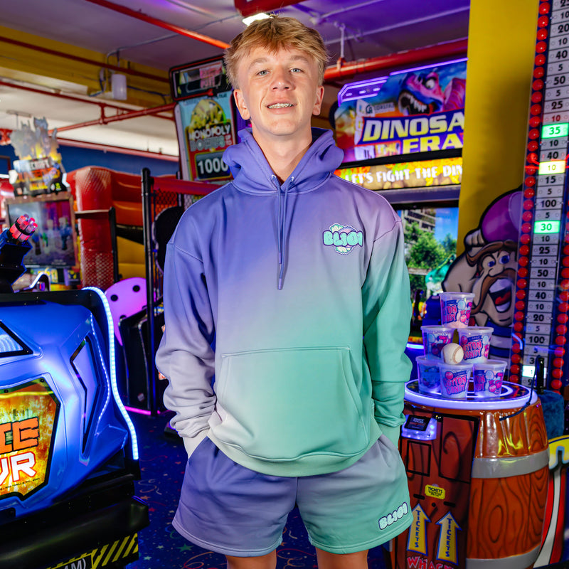 Adult model wearing Cotton Candy Galaxy Grape shorts