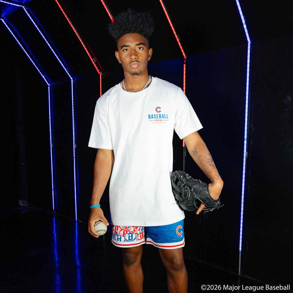 Adult model wearing white graphic tee with "Chicago Cubs Ice Cream" design