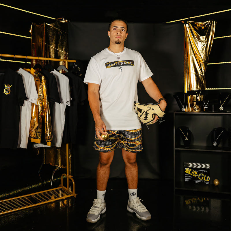 Adult model wearing white graphic tee with "GLD X Radar" design
