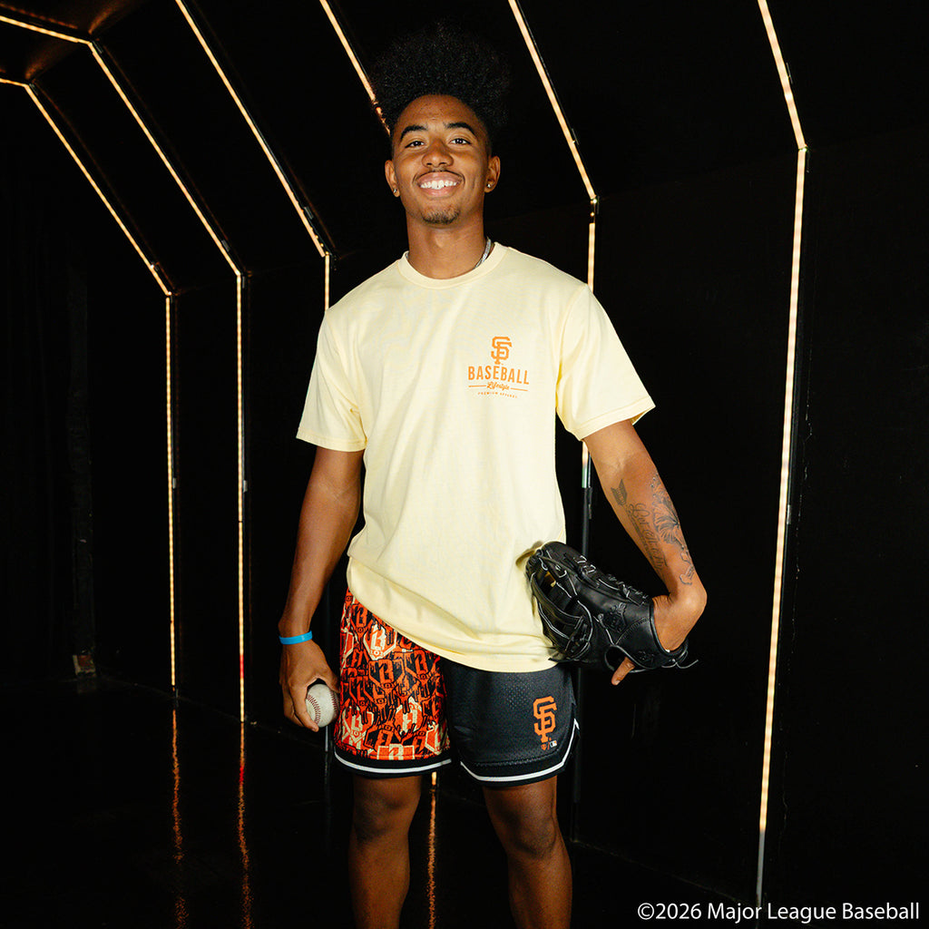 Adult model wearing cream graphic tee with "San Francisco Giants Ice Cream" design