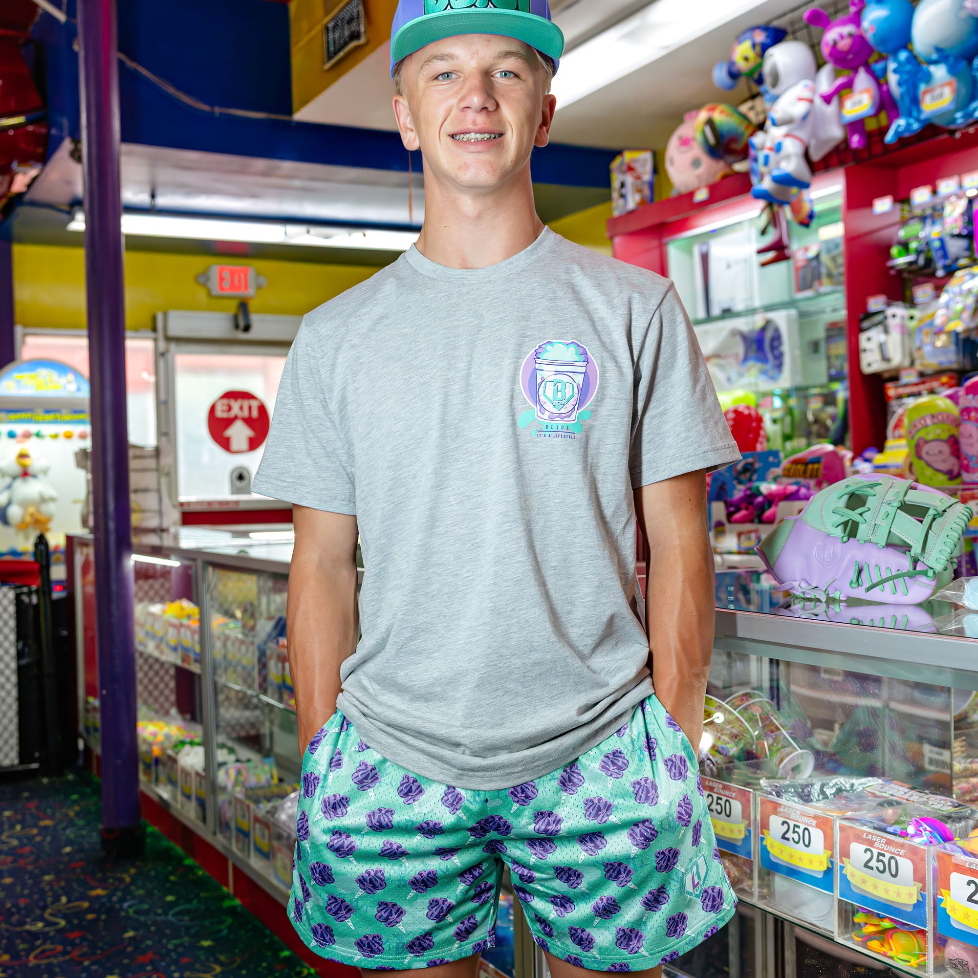 Adult model wearing Home Run Sugar Galaxy Grape shorts
