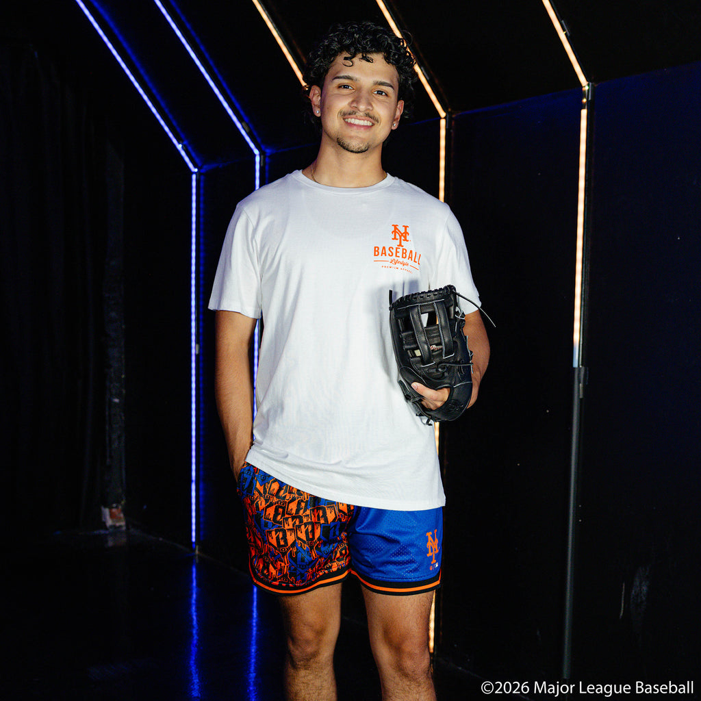 Adult model wearing white graphic tee with "New York Mets Ice Cream Cap" design