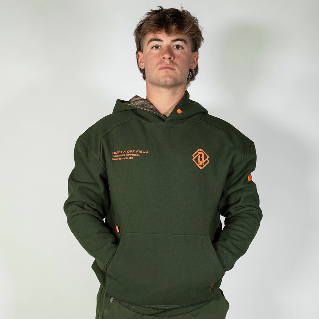 Adult model wearing green Realtree Legacy Off-Field Waffle Performance Camo hoodie