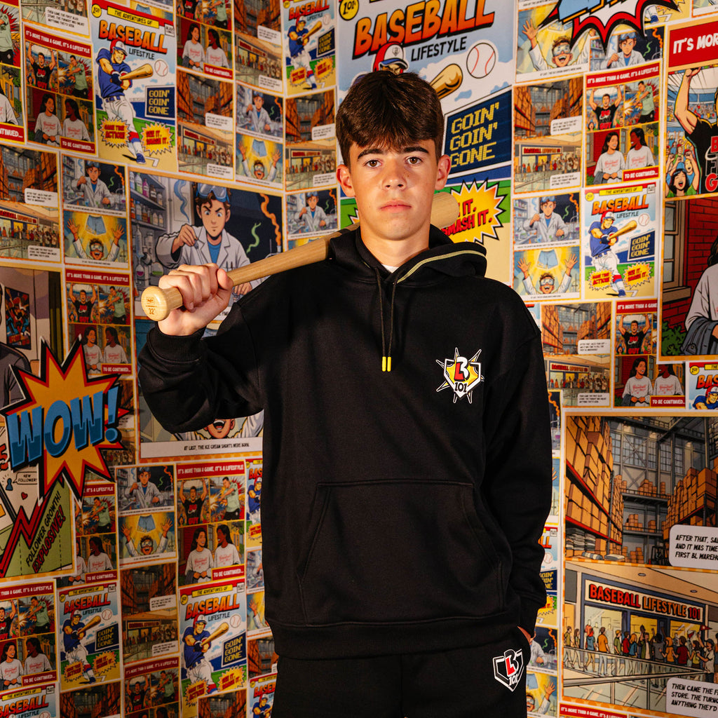 Adult model wearing black hoodie with "Power Hitter" design