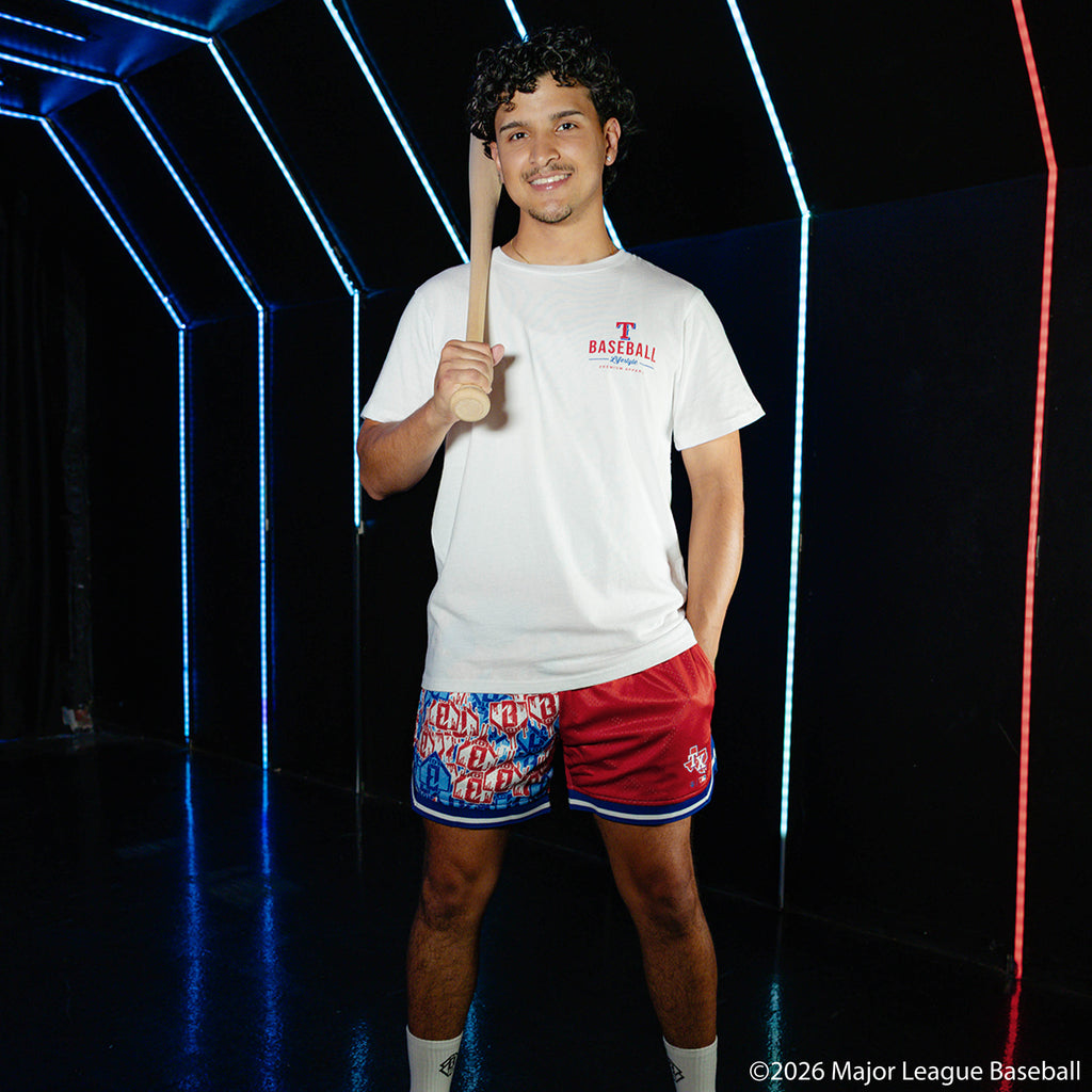 Adult model wearing white graphic tee with "Texas Rangers Ice Cream Cap" design