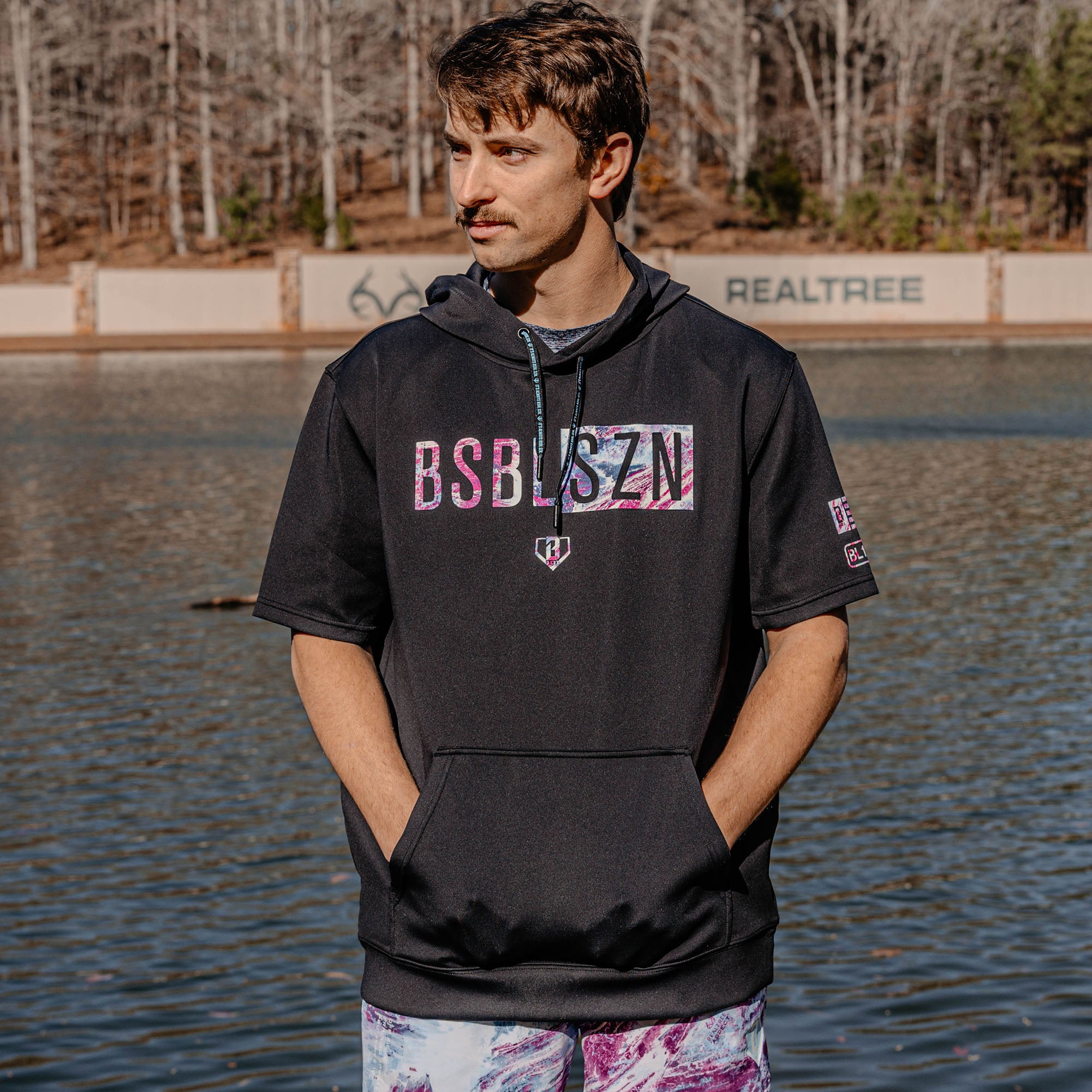 Realtree BSBL-SZN Short Sleeve Hoodie V3 - Black/Aspect Blue