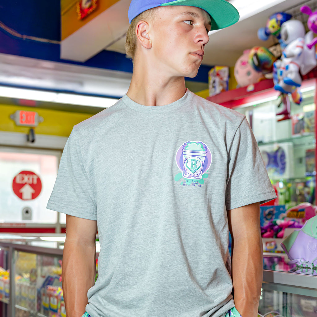 Adult model wearing Sweet Spot Galaxy Grape graphic tee