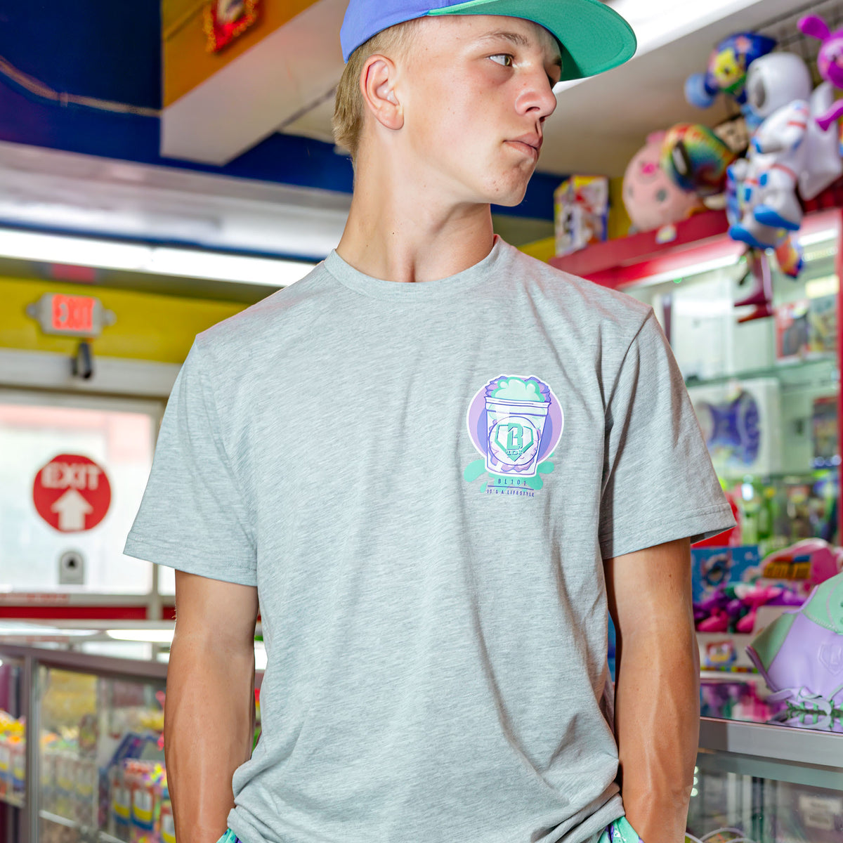 Adult model wearing Sweet Spot Galaxy Grape graphic tee