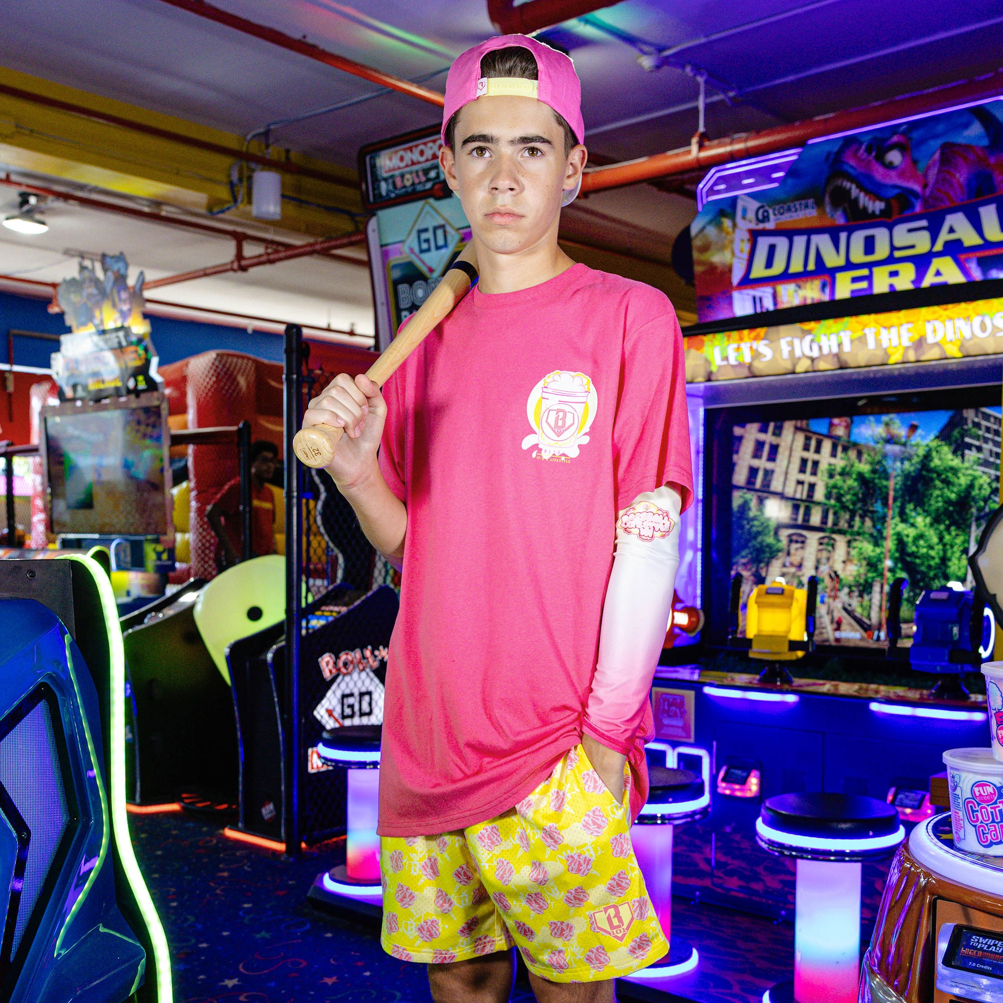 Adult model wearing Sweet Spot Pink Lemonade graphic tee