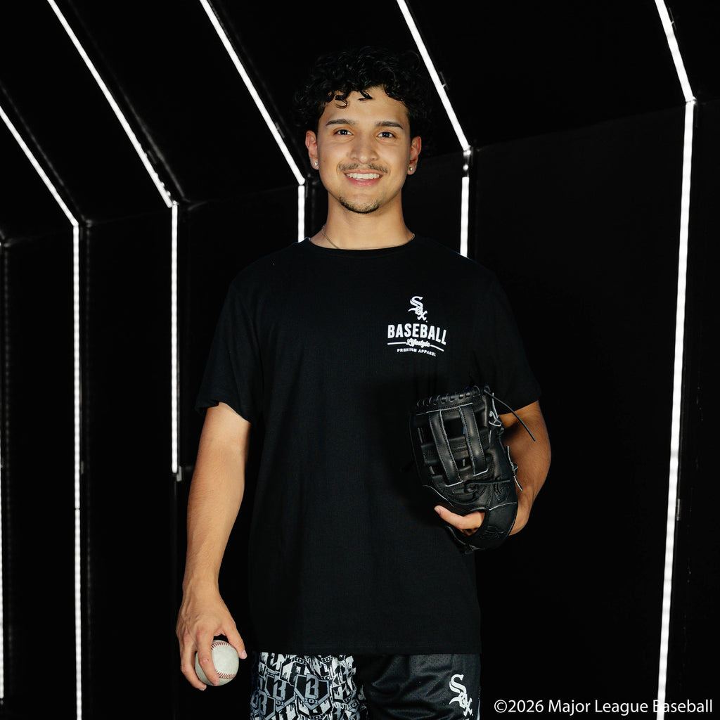 Adult model wearing black graphic tee with "Chicago White Sox Ice Cream" design