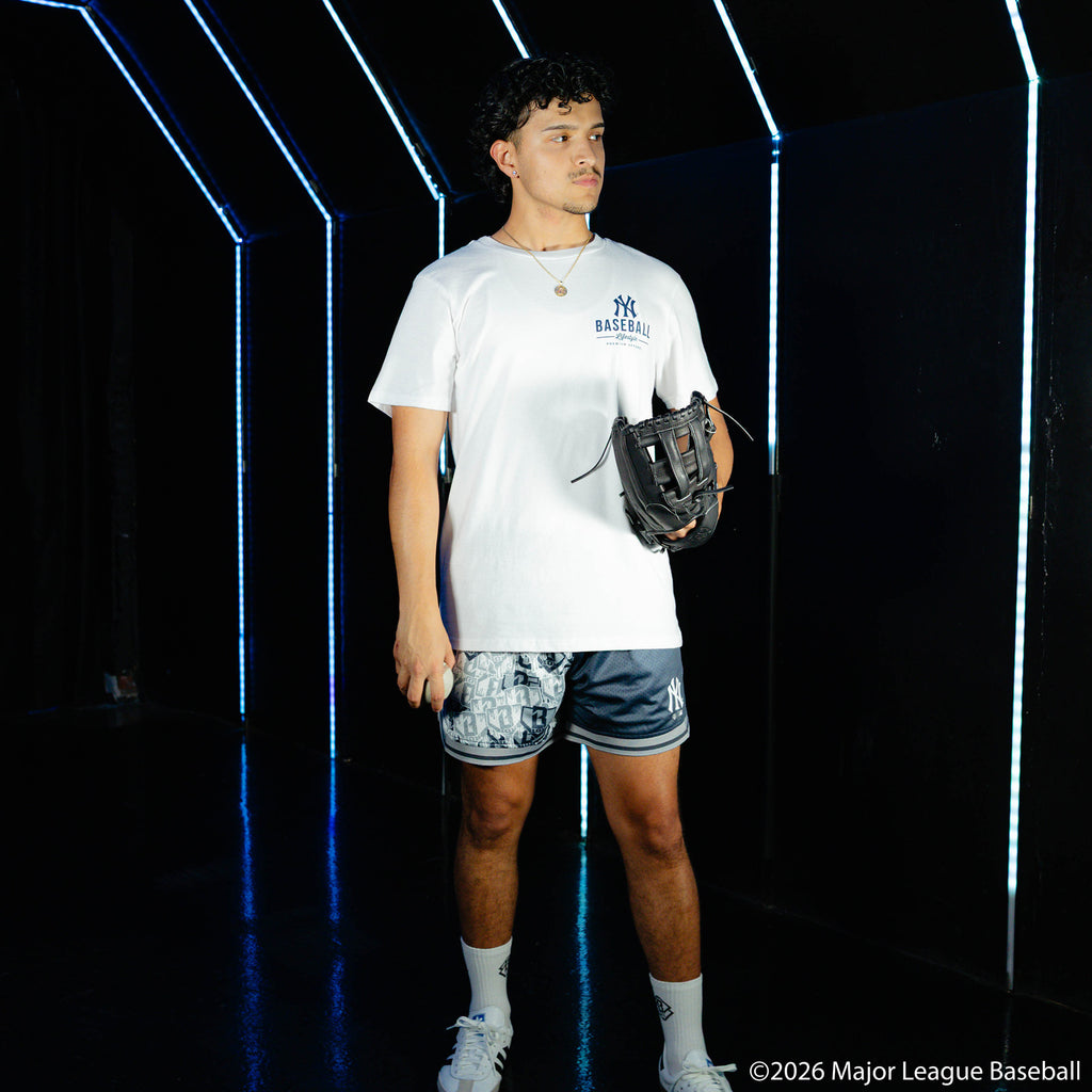 Adult model wearing white graphic tee with "New York Yankees Ice Cream" design
