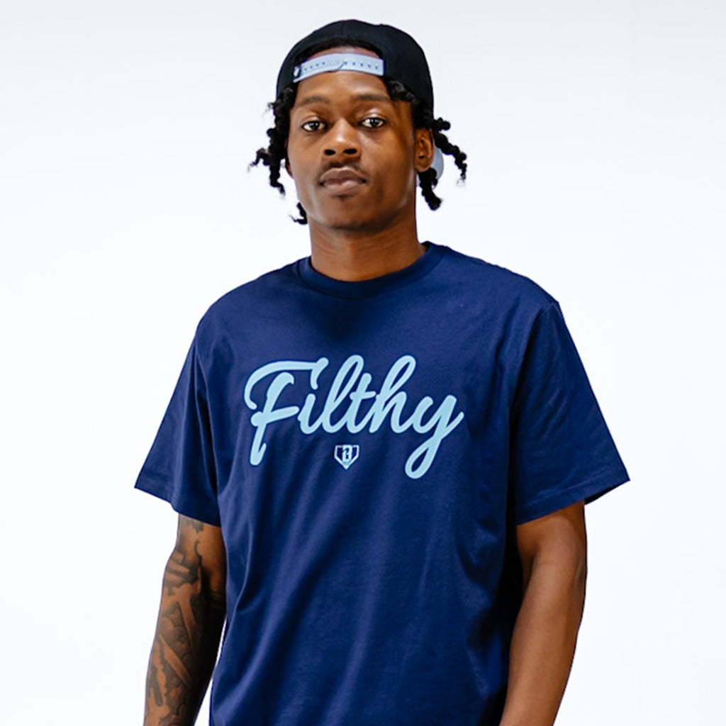 Person wearing a blue 'Filthy' t-shirt on a white background