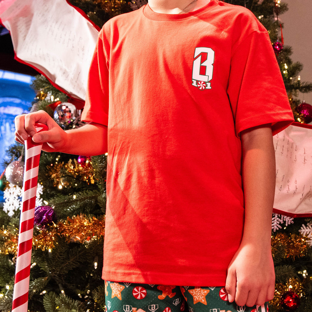 Person wearing a red shirt with a BL101 logo, holding a candy cane, in front of a decorated Christmas tree.