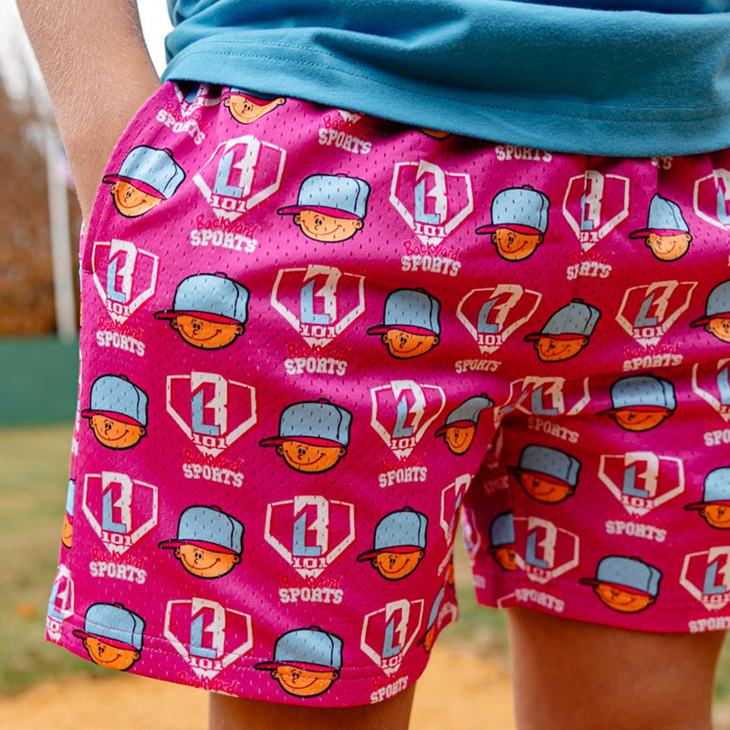 close up of pink shorts with Pablo Sanchez themed design 