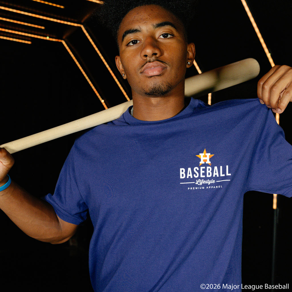 Adult model wearing navy graphic tee with "Houston Astros Ice Cream" design