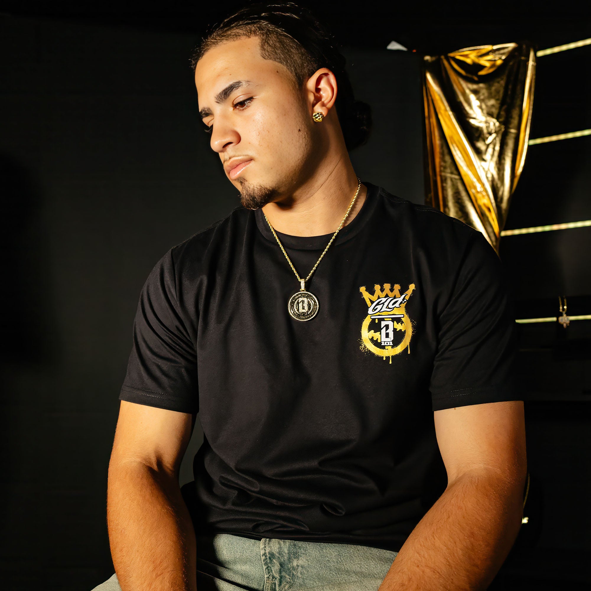 Model wearing Yellow Gold BL101 Medallion necklace