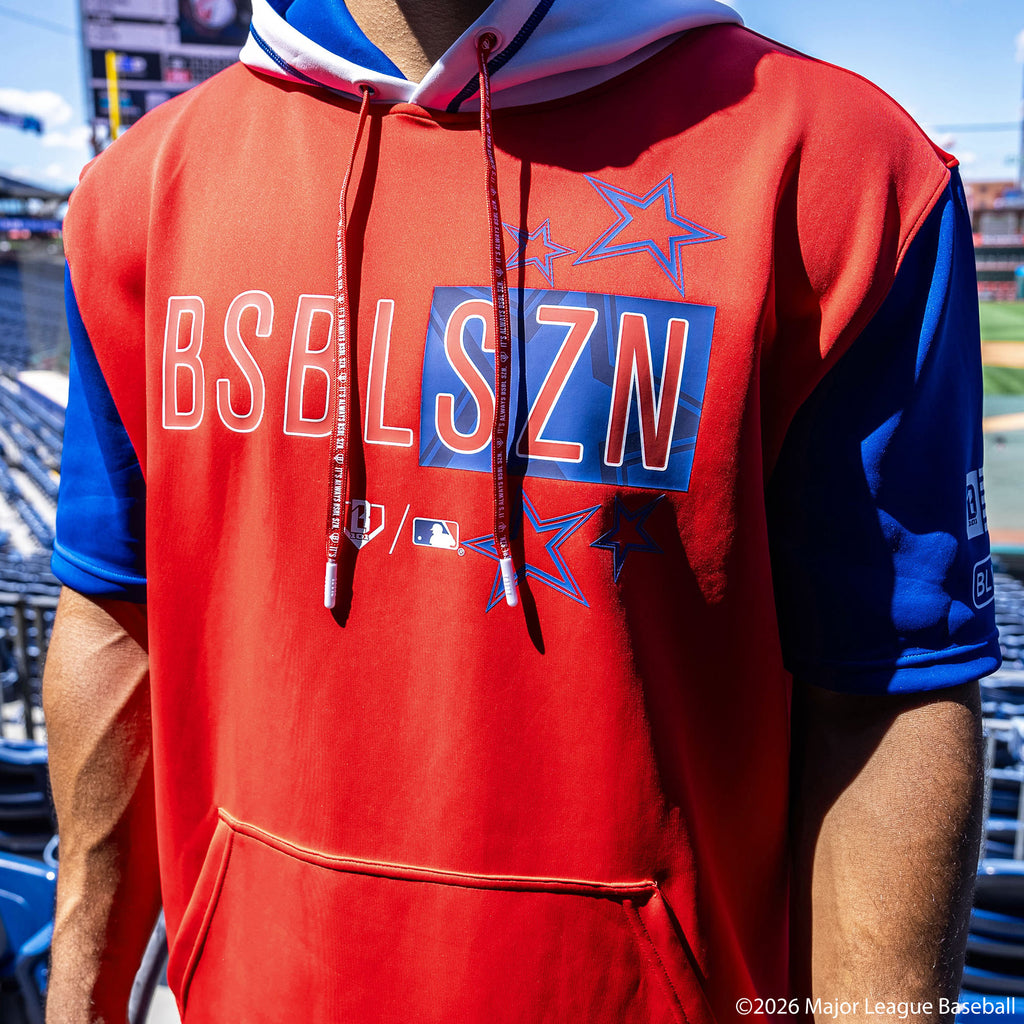 Adult model wearing Red, White & Blue short sleeve hoodie with "BL101 All-Star BSBL-SZN V3" design