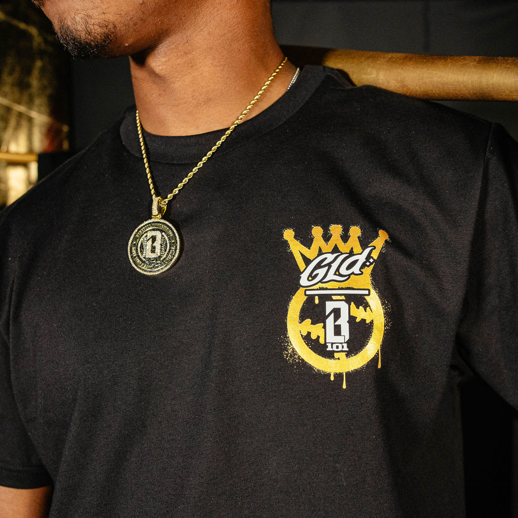 Adult model wearing black graphic tee with "Built For The Diamond" design