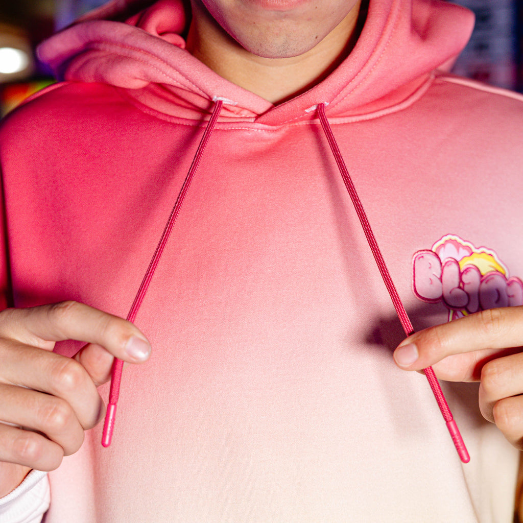 Adult model wearing Cotton Candy Pink Lemonade hoodie