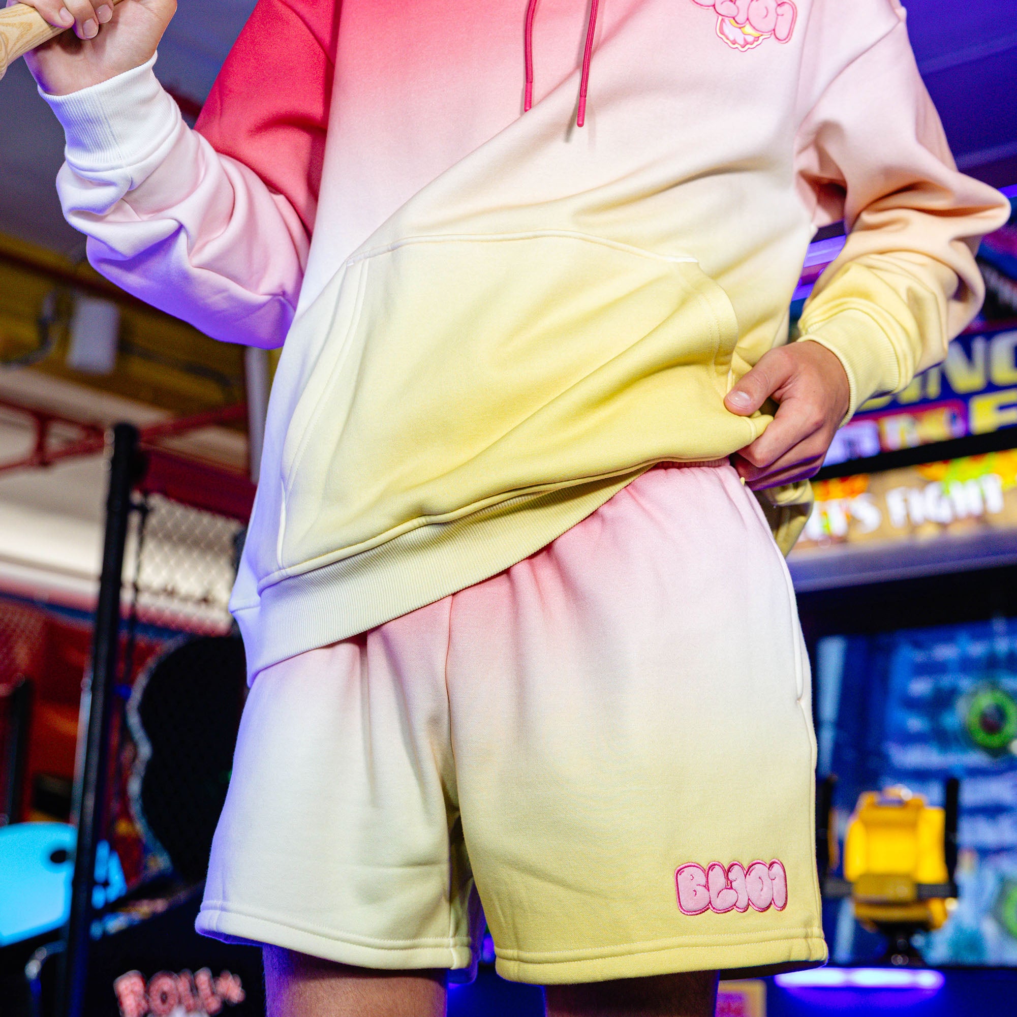 Adult model wearing Cotton Candy Pink Lemonade shorts
