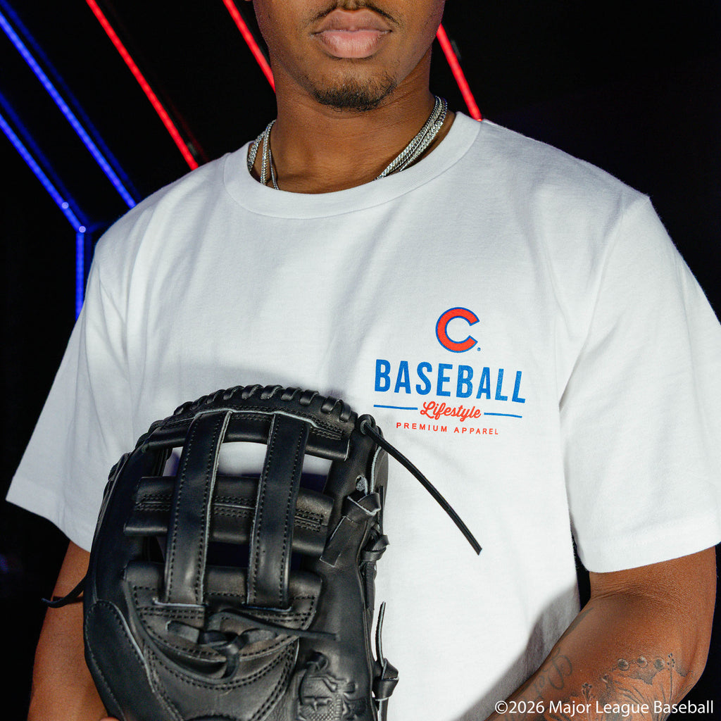 Adult model wearing white graphic tee with "Chicago Cubs Ice Cream" design