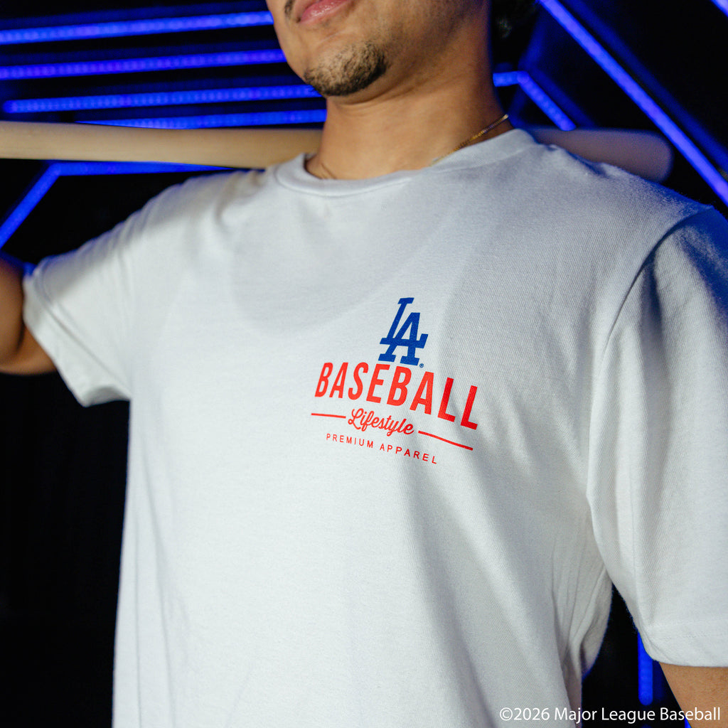 Adult model wearing white graphic tee with "Los Angeles Dodgers Ice Cream" design