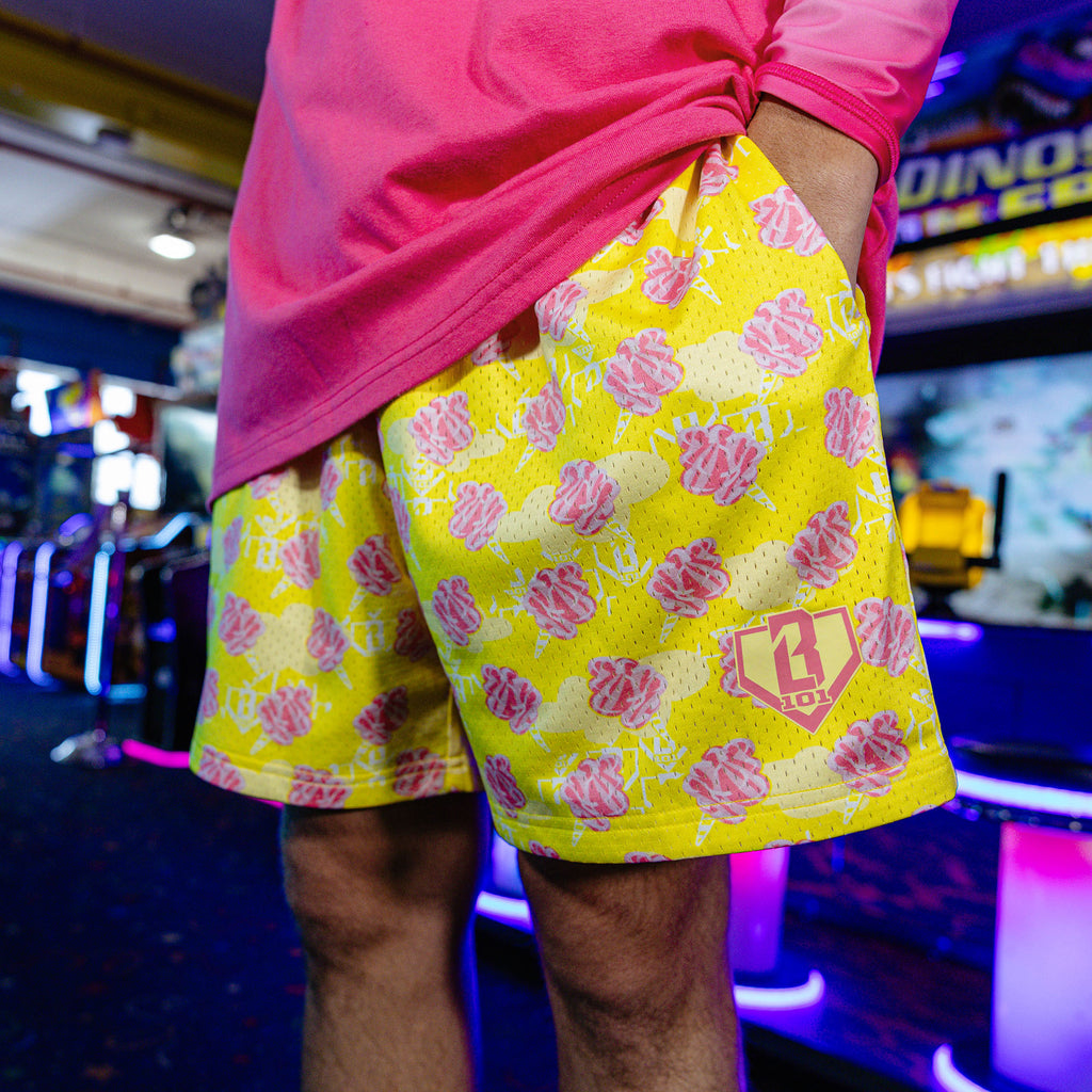Adult model wearing Home Run Sugar Pink Lemonade shorts