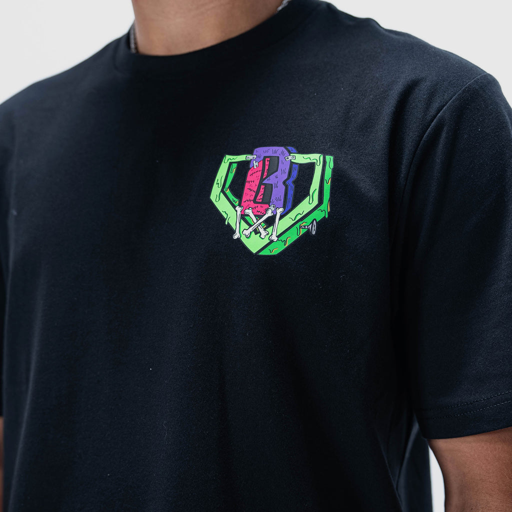 Adult model wearing black graphic tee with "Stitched For The Show" design