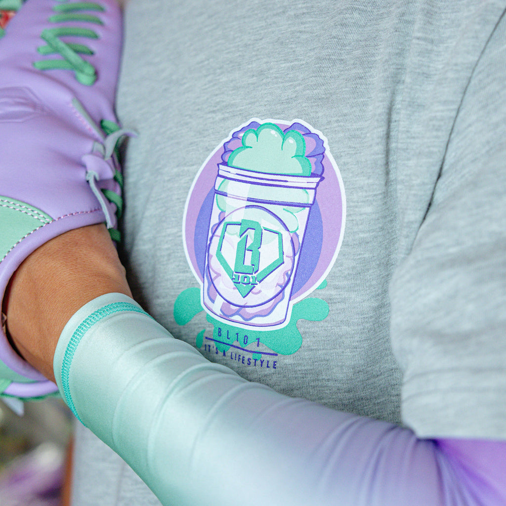 Adult model wearing Sweet Spot Galaxy Grape graphic tee