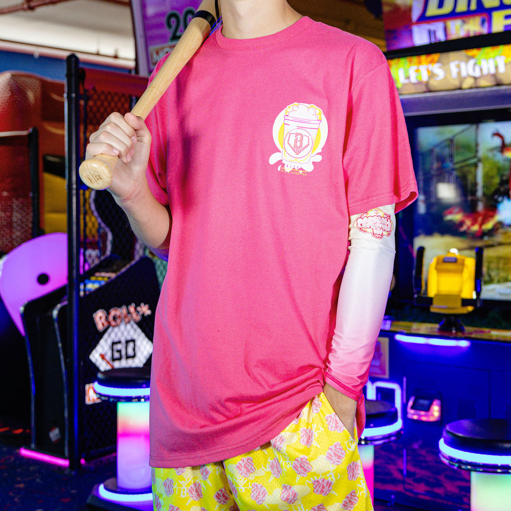 Adult model wearing Sweet Spot Pink Lemonade graphic tee